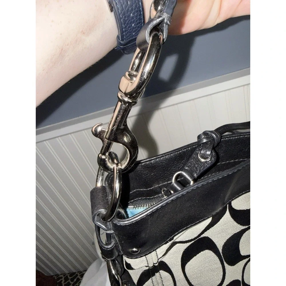 Coach Zoe Hobo Shoulder Bag Purse Black Signature C Canvas Handbag